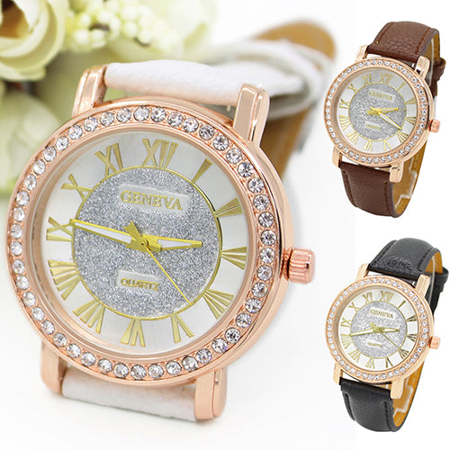 Men's Women's Roman Numerals Rhinestone Faux Leather Band Quartz Wrist Watch