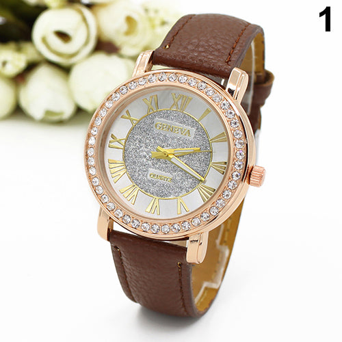 Men's Women's Roman Numerals Rhinestone Faux Leather Band Quartz Wrist Watch