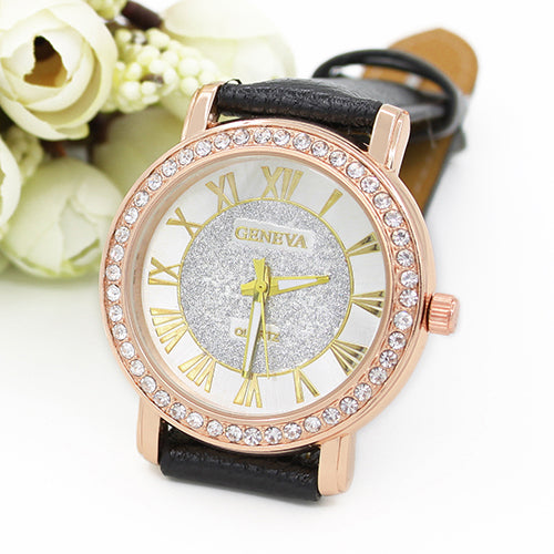 Men's Women's Roman Numerals Rhinestone Faux Leather Band Quartz Wrist Watch