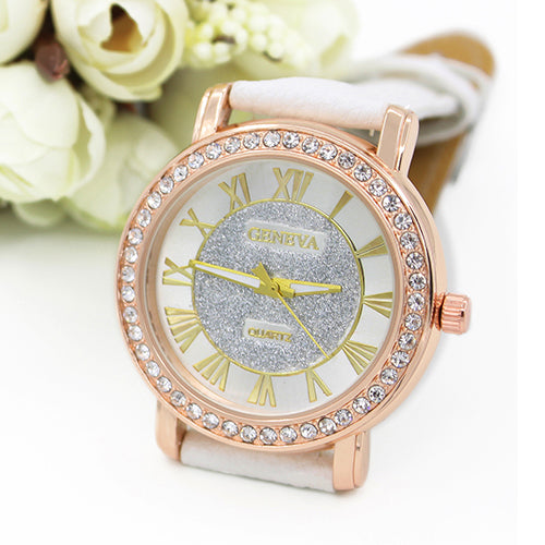 Men's Women's Roman Numerals Rhinestone Faux Leather Band Quartz Wrist Watch