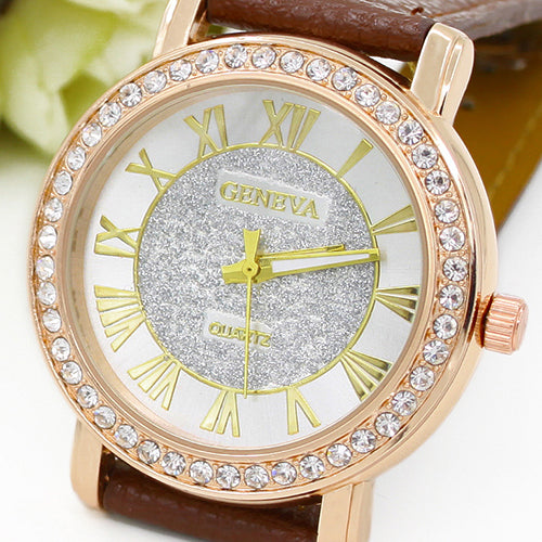 Men's Women's Roman Numerals Rhinestone Faux Leather Band Quartz Wrist Watch