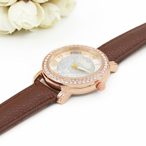 Men's Women's Roman Numerals Rhinestone Faux Leather Band Quartz Wrist Watch
