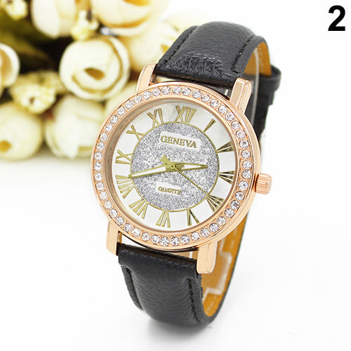 Men's Women's Roman Numerals Rhinestone Faux Leather Band Quartz Wrist Watch