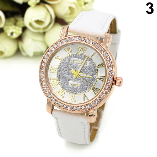 Men's Women's Roman Numerals Rhinestone Faux Leather Band Quartz Wrist Watch