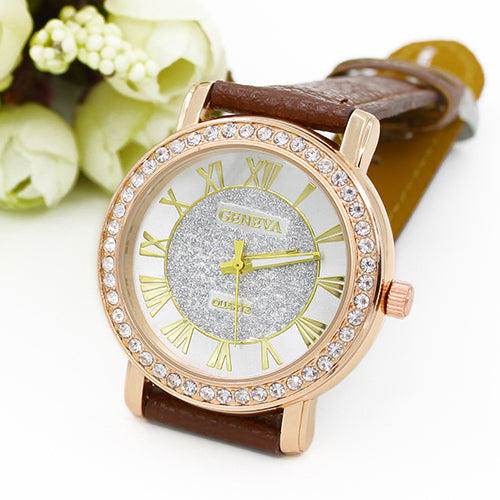 Men's Women's Roman Numerals Rhinestone Faux Leather Band Quartz Wrist Watch