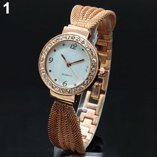 Women's Inlaid Rhinestone Mesh Band Bangle Quartz Analog Bracelet Wrist Watch