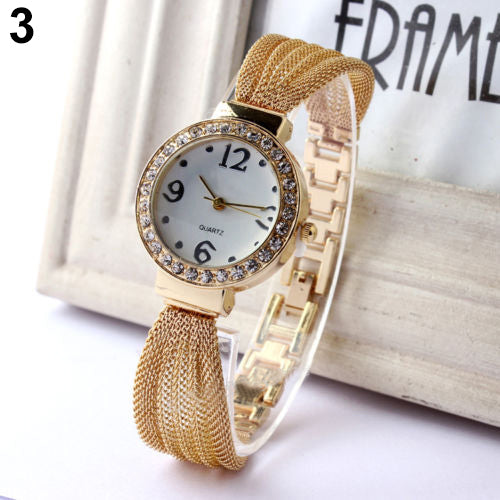 Women's Inlaid Rhinestone Mesh Band Bangle Quartz Analog Bracelet Wrist Watch