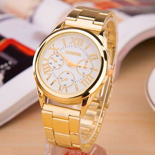 Fashion Women Luxury Geneva Roman Numerals Golden Tone Quartz Analog Wrist Watch