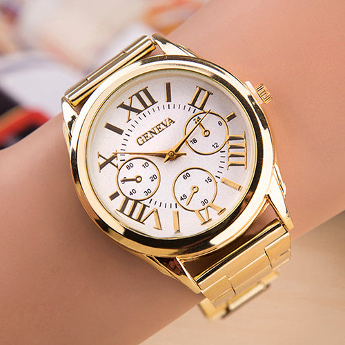 Fashion Women Luxury Geneva Roman Numerals Golden Tone Quartz Analog Wrist Watch
