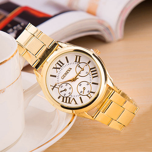 Fashion Women Luxury Geneva Roman Numerals Golden Tone Quartz Analog Wrist Watch
