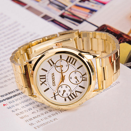 Fashion Women Luxury Geneva Roman Numerals Golden Tone Quartz Analog Wrist Watch