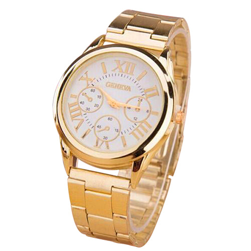 Fashion Women Luxury Geneva Roman Numerals Golden Tone Quartz Analog Wrist Watch