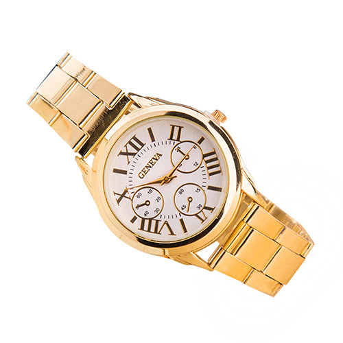 Fashion Women Luxury Geneva Roman Numerals Golden Tone Quartz Analog Wrist Watch