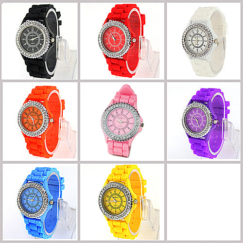 Women Geneva Fashion Rhinestone Silicone Band Quartz Analog Wrist Watch