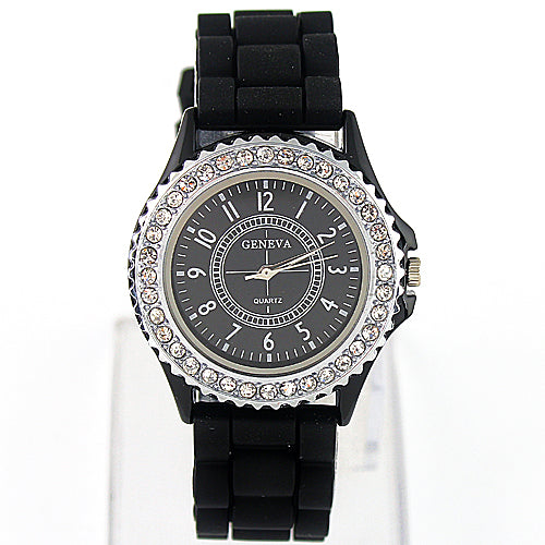 Women Geneva Fashion Rhinestone Silicone Band Quartz Analog Wrist Watch