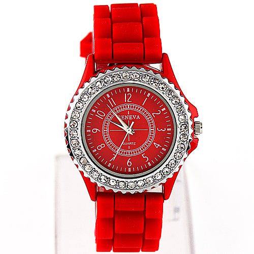 Women Geneva Fashion Rhinestone Silicone Band Quartz Analog Wrist Watch