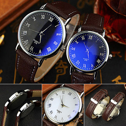 Stylish Faux Leather Blue Ray Glass Roman Numerals Analog Quartz Wrist Watch