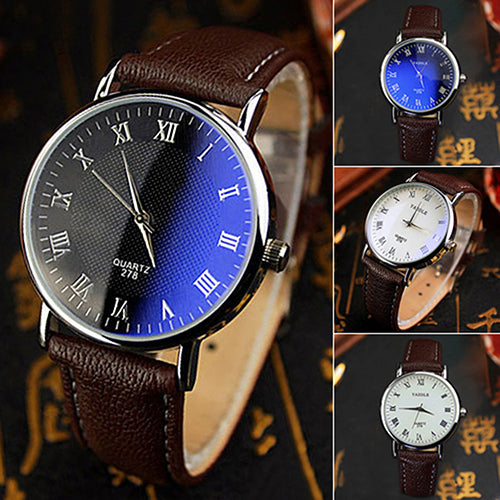 Stylish Faux Leather Blue Ray Glass Roman Numerals Analog Quartz Wrist Watch