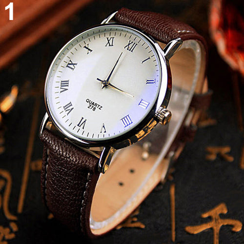Stylish Faux Leather Blue Ray Glass Roman Numerals Analog Quartz Wrist Watch