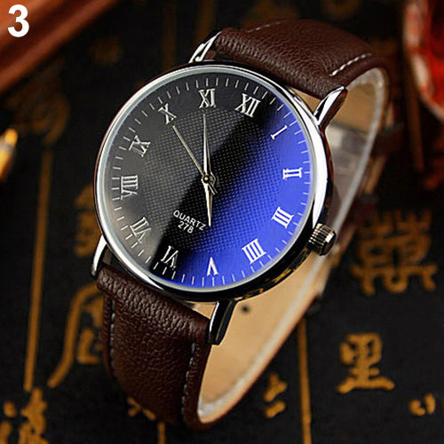 Stylish Faux Leather Blue Ray Glass Roman Numerals Analog Quartz Wrist Watch