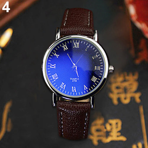 Stylish Faux Leather Blue Ray Glass Roman Numerals Analog Quartz Wrist Watch