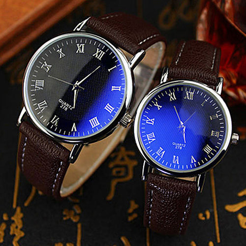 Stylish Faux Leather Blue Ray Glass Roman Numerals Analog Quartz Wrist Watch