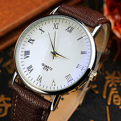 Stylish Faux Leather Blue Ray Glass Roman Numerals Analog Quartz Wrist Watch