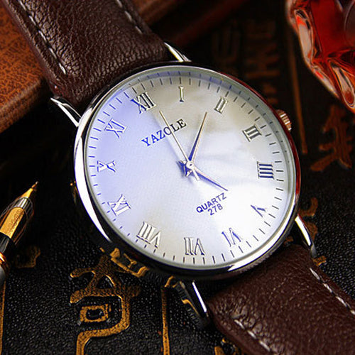 Stylish Faux Leather Blue Ray Glass Roman Numerals Analog Quartz Wrist Watch