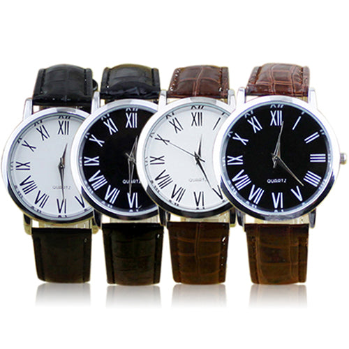 Men Casual Business Roman Numerals Faux Leather Strap Analog Quartz Wrist Watch