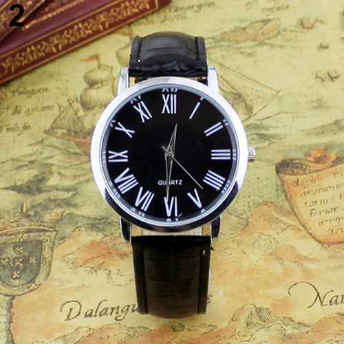 Men Casual Business Roman Numerals Faux Leather Strap Analog Quartz Wrist Watch