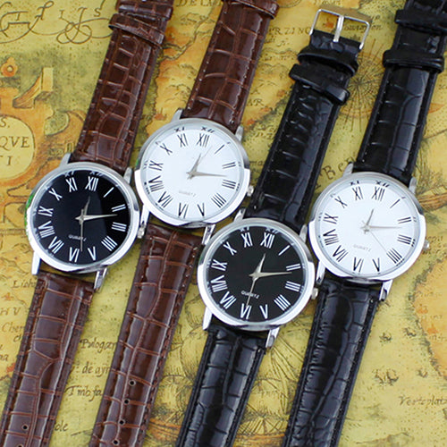 Men Casual Business Roman Numerals Faux Leather Strap Analog Quartz Wrist Watch
