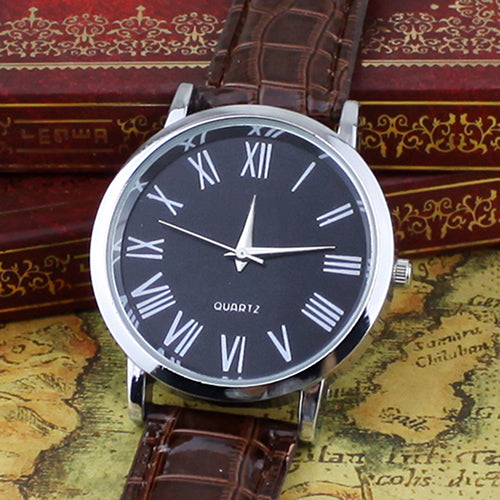 Men Casual Business Roman Numerals Faux Leather Strap Analog Quartz Wrist Watch