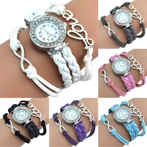 Women's Multilayer Infinity Love Rhinestone Quartz Woven Bangle Wrist Watch