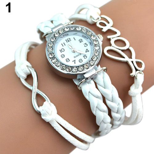 Women's Multilayer Infinity Love Rhinestone Quartz Woven Bangle Wrist Watch