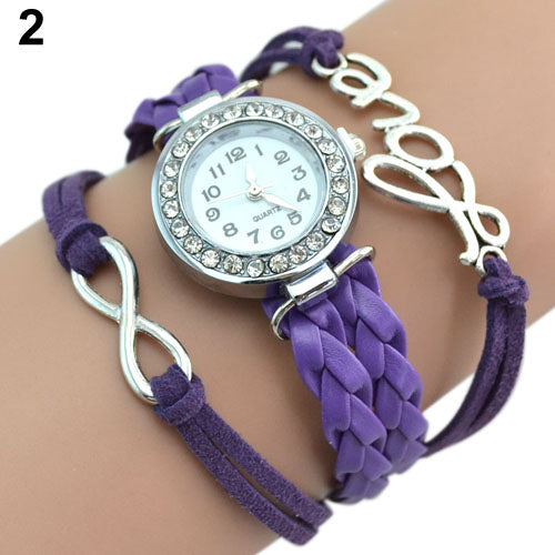 Women's Multilayer Infinity Love Rhinestone Quartz Woven Bangle Wrist Watch