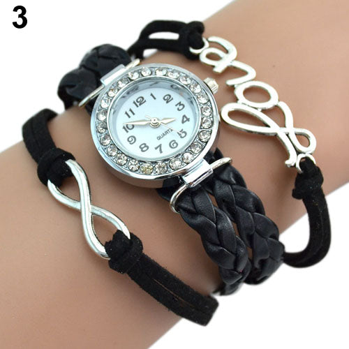 Women's Multilayer Infinity Love Rhinestone Quartz Woven Bangle Wrist Watch