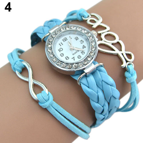 Women's Multilayer Infinity Love Rhinestone Quartz Woven Bangle Wrist Watch