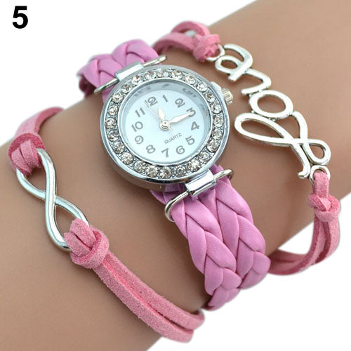 Women's Multilayer Infinity Love Rhinestone Quartz Woven Bangle Wrist Watch