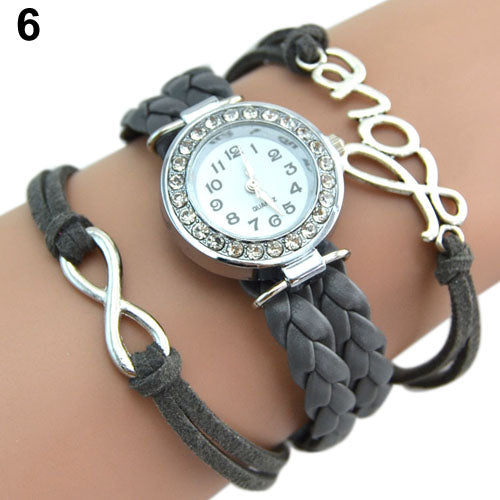 Women's Multilayer Infinity Love Rhinestone Quartz Woven Bangle Wrist Watch