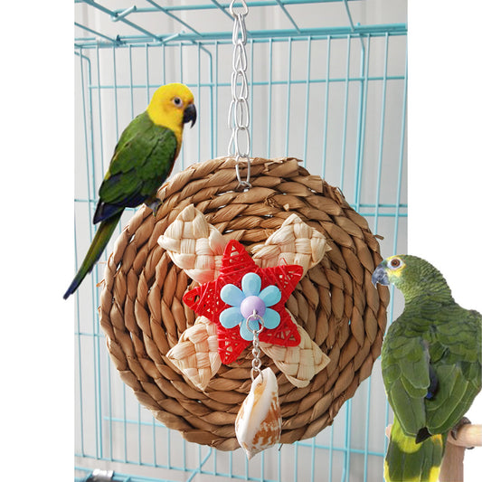 Corn Weaving Shell Dangle Pet Parrot Bird Cage Hanging Decor Round Chew Toy