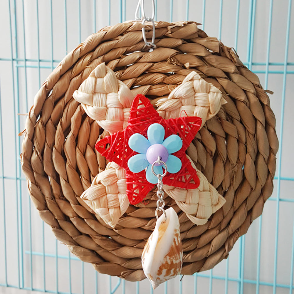 Corn Weaving Shell Dangle Pet Parrot Bird Cage Hanging Decor Round Chew Toy