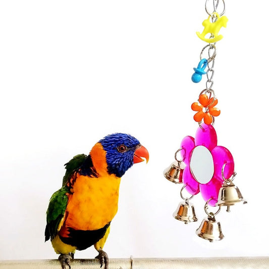 Multi Color Parrot Chew Bell Flower Mirror Swing Parakeet Birds Hanging Play Toy