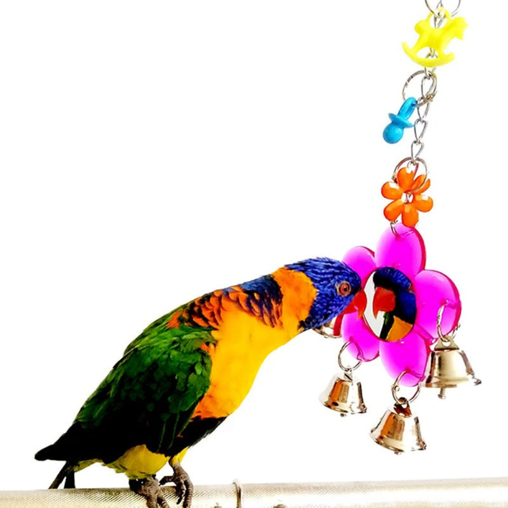 Multi Color Parrot Chew Bell Flower Mirror Swing Parakeet Birds Hanging Play Toy