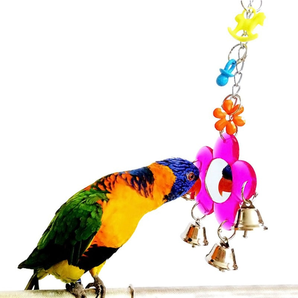 Multi Color Parrot Chew Bell Flower Mirror Swing Parakeet Birds Hanging Play Toy