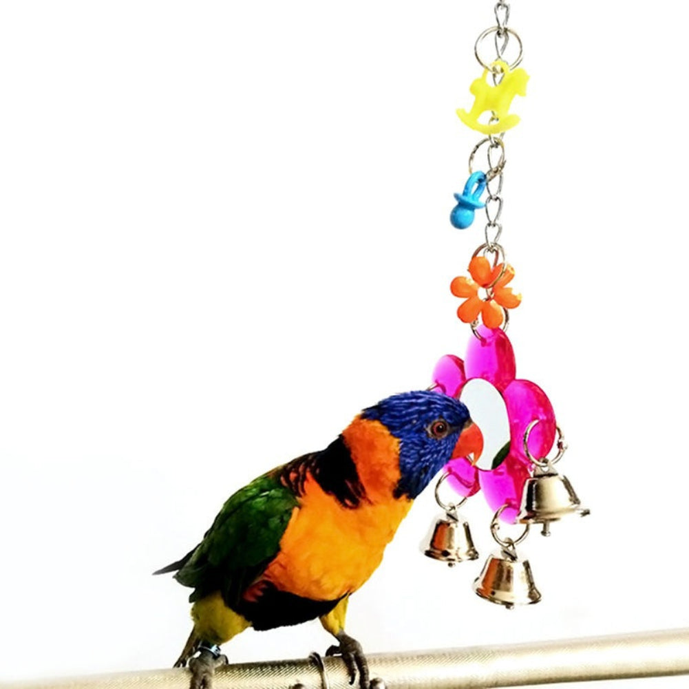 Multi Color Parrot Chew Bell Flower Mirror Swing Parakeet Birds Hanging Play Toy