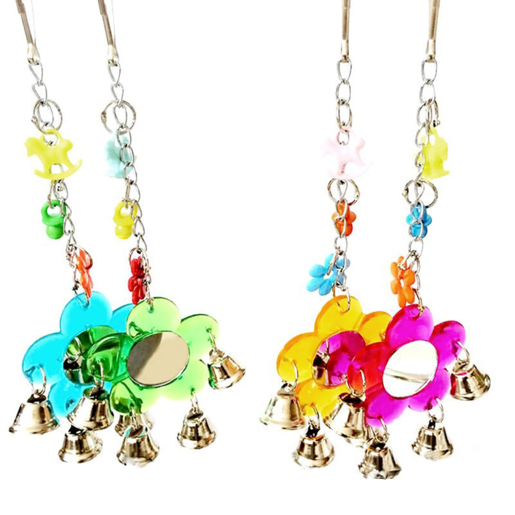 Multi Color Parrot Chew Bell Flower Mirror Swing Parakeet Birds Hanging Play Toy