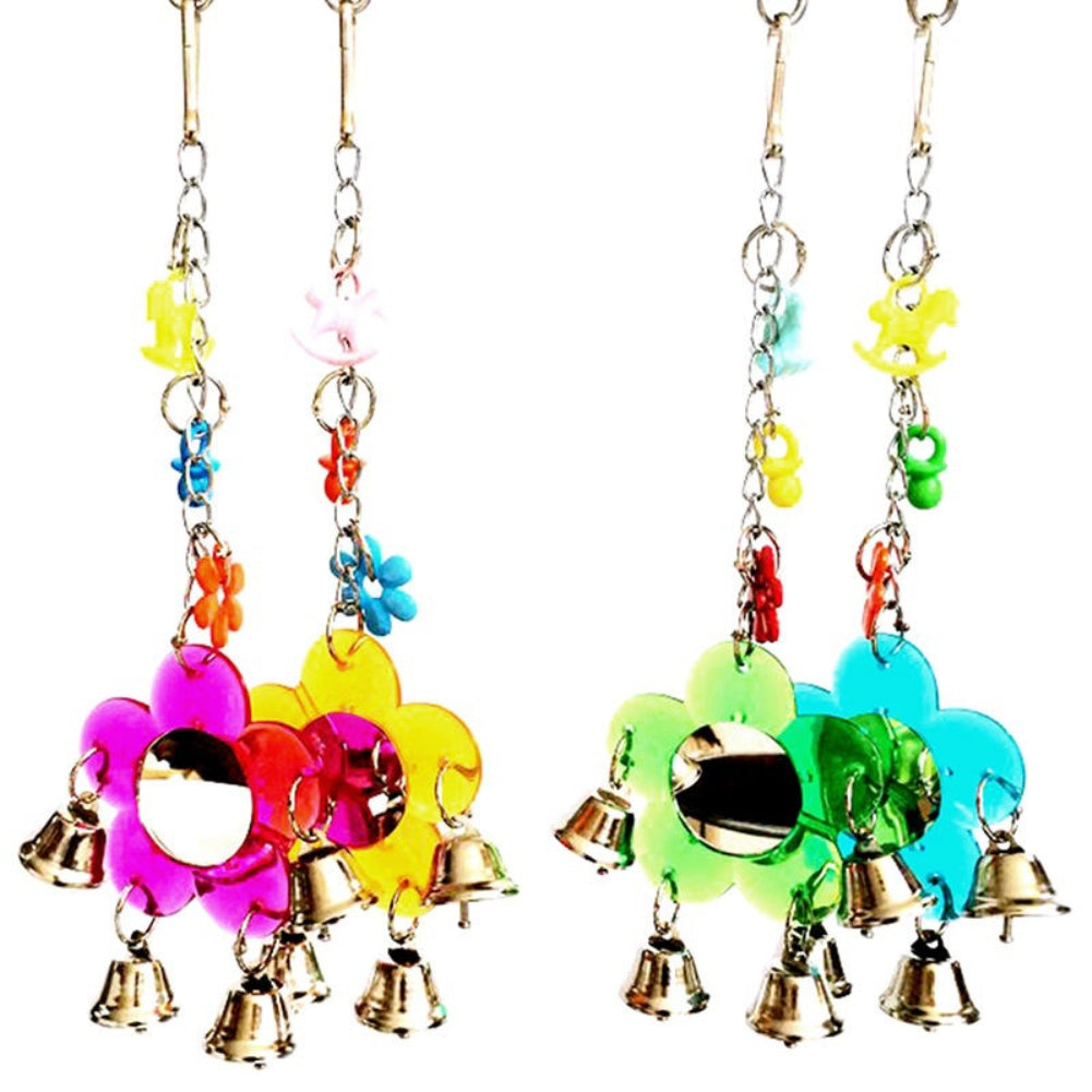 Multi Color Parrot Chew Bell Flower Mirror Swing Parakeet Birds Hanging Play Toy