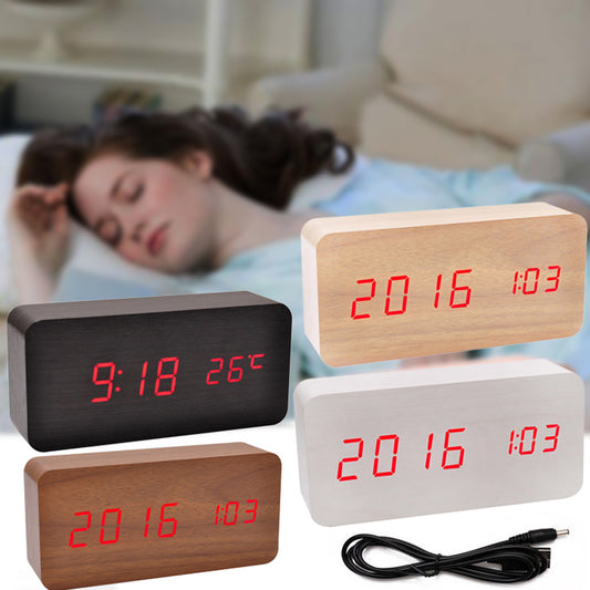 Modern Wooden Wood USB/AAA Digital LED Desk Alarm Clock Calendar Thermometer