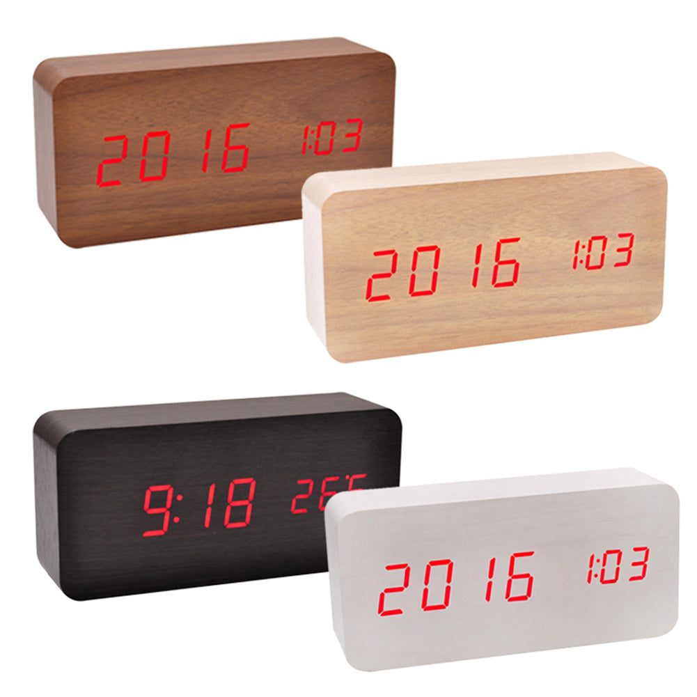 Modern Wooden Wood USB/AAA Digital LED Desk Alarm Clock Calendar Thermometer