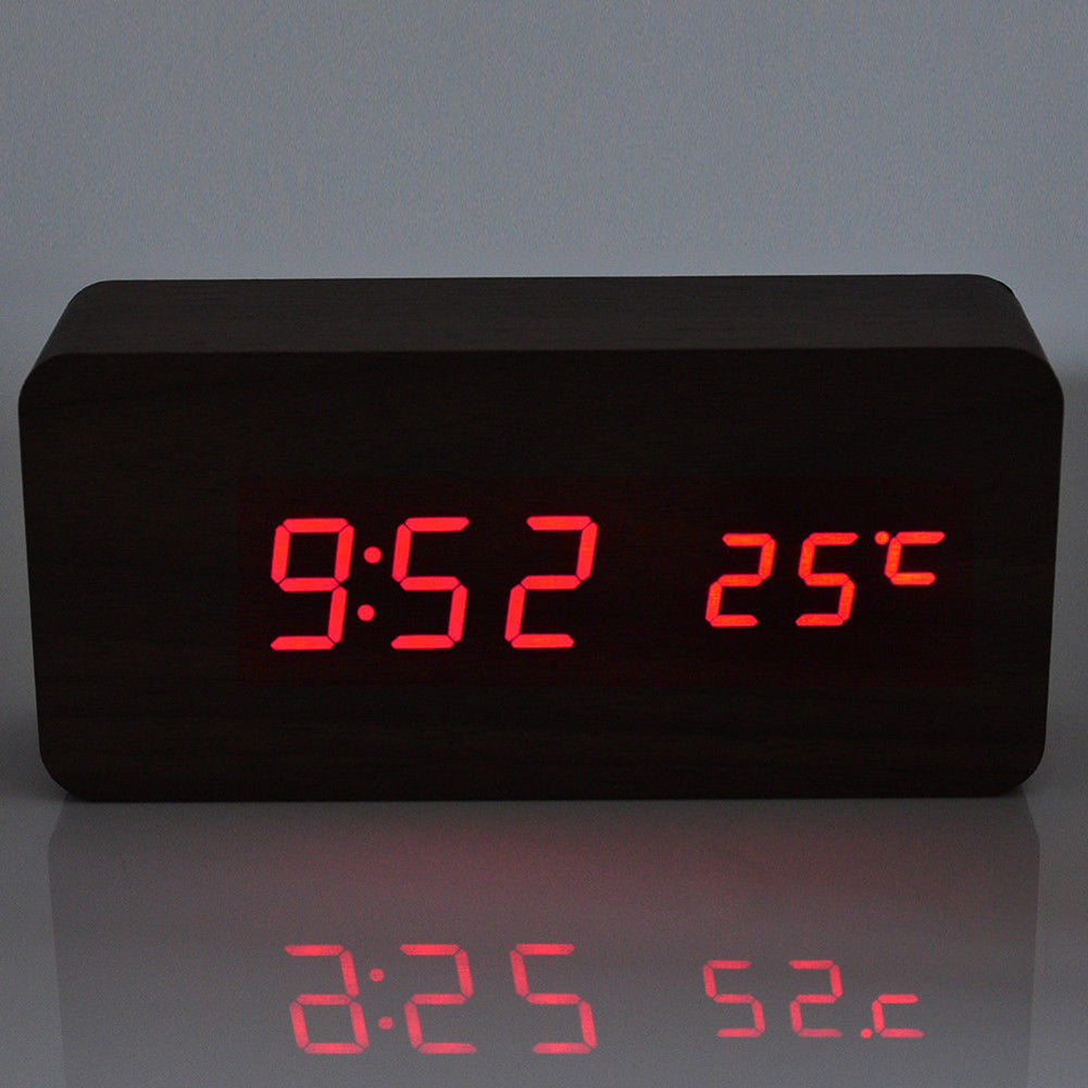 Modern Wooden Wood USB/AAA Digital LED Desk Alarm Clock Calendar Thermometer